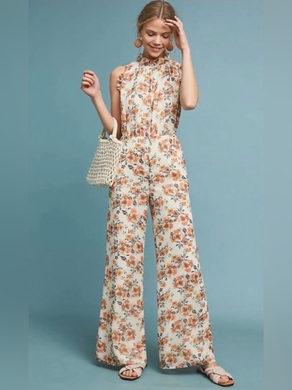 Anthropologie ALI & JAY Cream Floral High-Ruffle Wide-Leg Jumpsuit, size M.